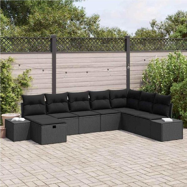 Garden Sofa Set with Cushion 8 pcs Black Poly Rattan vidaXL