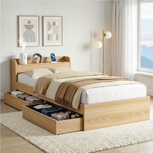 Artiss Single Bed Frame with 2 Storage Drawers Platform Bed Base with USB Ports Pine