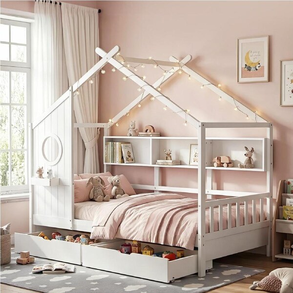 Artiss Kids Single Bed Frame with 2 Drawers House Bed Solid Wood Montessori Bed Easy Assembly White