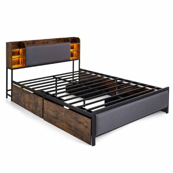 Costway Queen LED Bed Frame Charging Station Platform Bed Headboard Footboard 4 Storage Drawers Metal Slat Support
