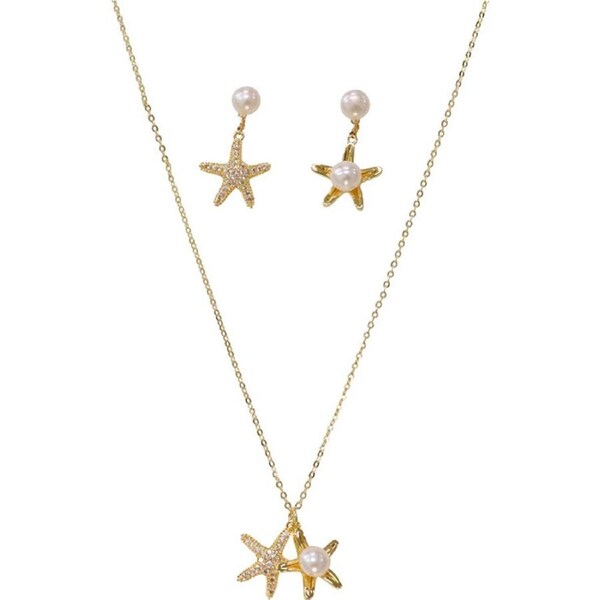 LVD Womens Pearl Starfish Necklace & Earring Set Gold-Plated Copper