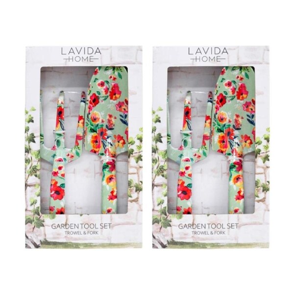 2x 2pc LVD Outdoor Gardening/Planting Aluminium Trowel & Fork Tool Set Florals