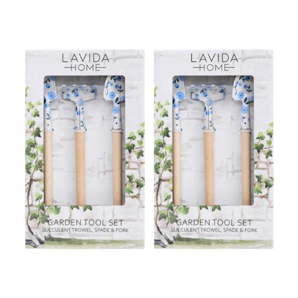 2PK LVD Mini Trowel Spade & Fork Garden Tool Set Petite Blue Floral