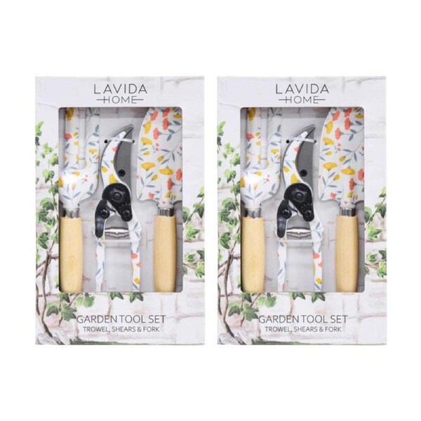 2x 3pc LVD Outdoor Gardening/Planting Trowel Secateurs & Fork Tool Set Delilah