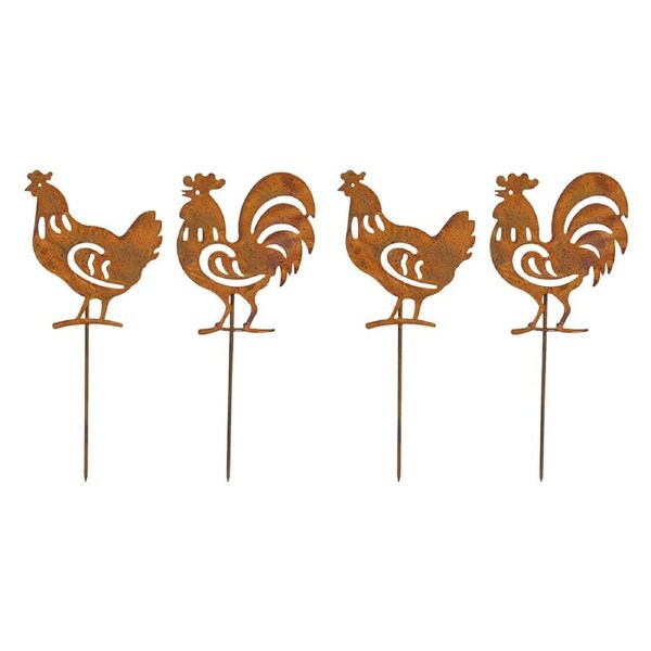 2x 2pc LVD Rustic-Coated Metal Hen/Rooster Garden Stake Set 24x10x0.64cm