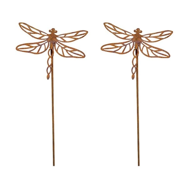 2PK LVD Rustic-Coated Metal Dragonfly Garden Stake Ornament Set 86x12x3cm