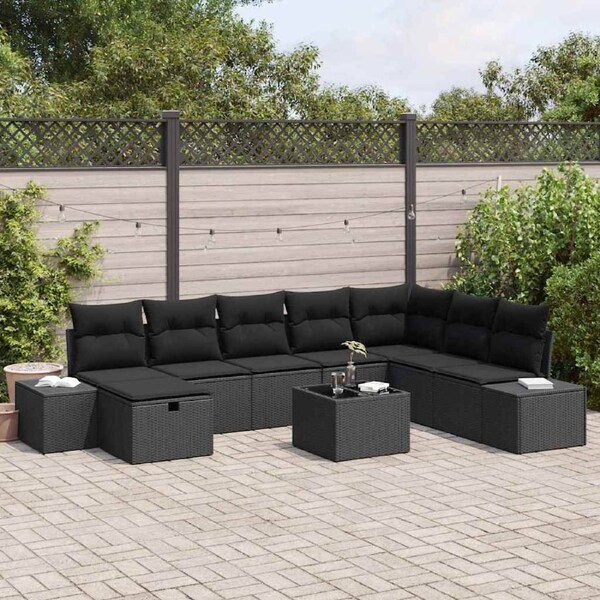 Garden Sofa Set with Pillow 9 pcs Black Poly rattan vidaXL