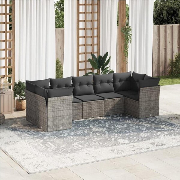 7 Piece Garden Sofa Set with Cushions Grey Poly Rattan vidaXL