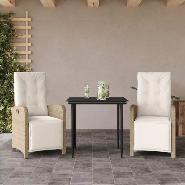 3 Piece Bistro Set with Cushions Beige Poly Rattan vidaXL