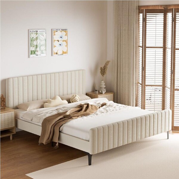 Oikiture Bed Frame Queen Double King Single Beds Velvet Fabric Beige King