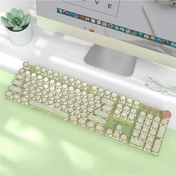 EWEADN V20 Retro Typewriter Mechanical Keyboard,104 Keys Full Size, Purple & Gold Vintage Design, Pink Switches, LED Backlit Gaming Keyboard,Matcha