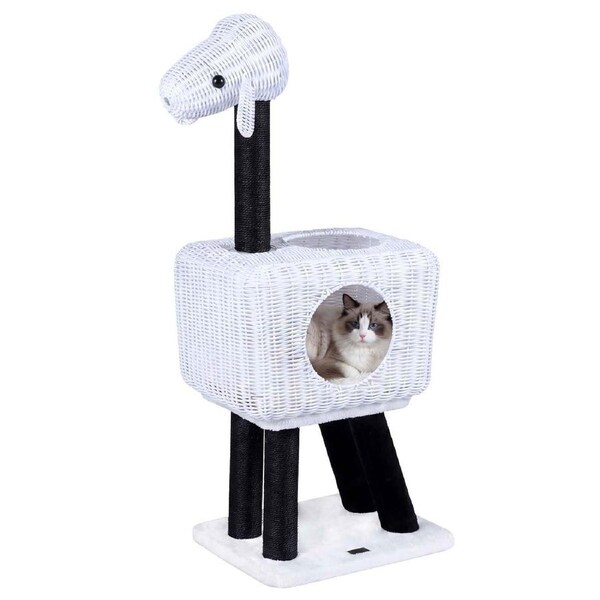 Costway Cat Tower Lamb Cat Tree House Wicker 2 Door Rattan Condo Sisal Scratching Posts Pet Activity Center Indoor