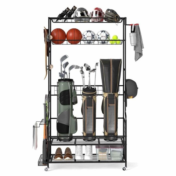 Costway 3 Golf Bags Storage Garage Organizer Sports Equipment w/Wheels Hooks Extra Club Display Rack Metal Golf Accessories Stand