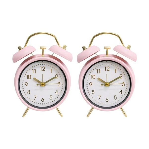 2PK LVD Blush Metal Analogue Alarm Clock Bedroom Decor 17cm Pink/White/Gold
