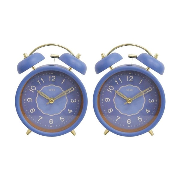 2PK LVD Newport Metal Analogue Alarm Clock Bedroom Decor 14cm Blue/White/Gold