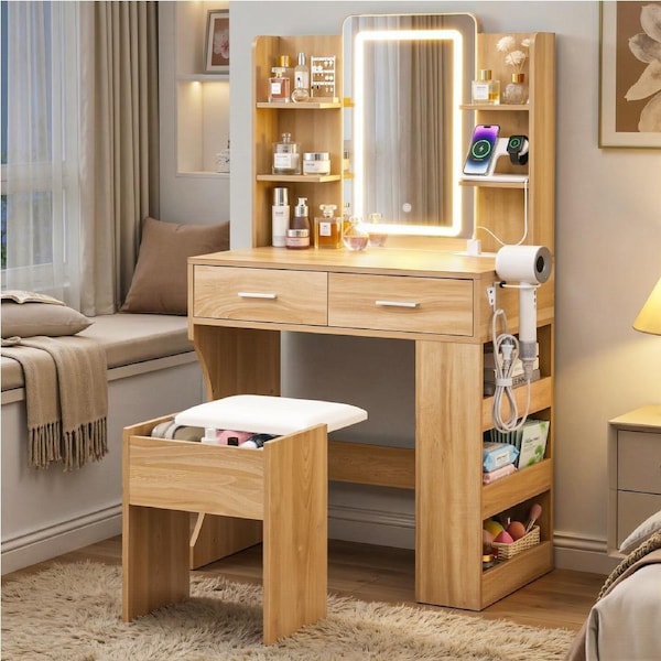 Artiss Dressing Table Charging Station LED Vanity Desk Stool Make up Mirror Drawer Shelf Rack Wood