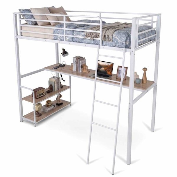 Costway Single Loft Bed Frame w/Desk & Charging Station 2-in-1 Heavy-duty Metal Bunk Bed High Guard Rails Ladder Bedroom
