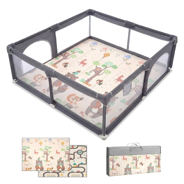 Playpals Baby Playpen 2 Door Mesh Toddler Fence 180x200cm w/ Play Mat Forest