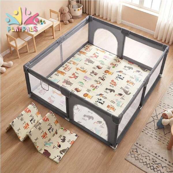Playpals Baby Playpen 2 Door Mesh Toddler Fence 180x200cm w/ Play Mat Alphabet