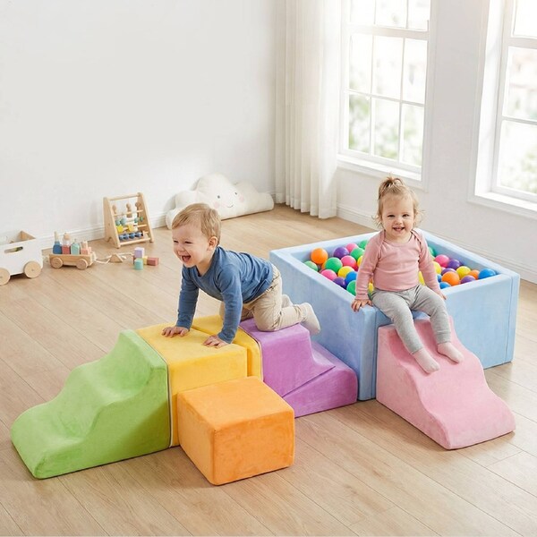 Playpals Kids Pastel Foam Climbing Blocks Set 6 PCS w/300 Pcs Balls Climb & Crawl Activity Toy