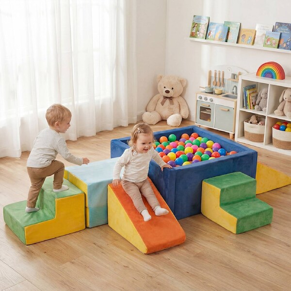 Playpals Kids Colorful Foam Climbing Blocks Set 6 PCS w/300 Pcs Balls Climb & Crawl Activity Toy