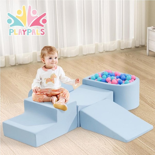 Playpals Kids Crawl Foam Climbing Blocks Soft Play Set w/ 300PCS Balls Activity Toys Blue