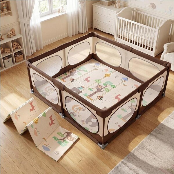Playpals Baby Playpen Toddler Fence Child Play Yard 180x200cm w/ Play Mat Forest