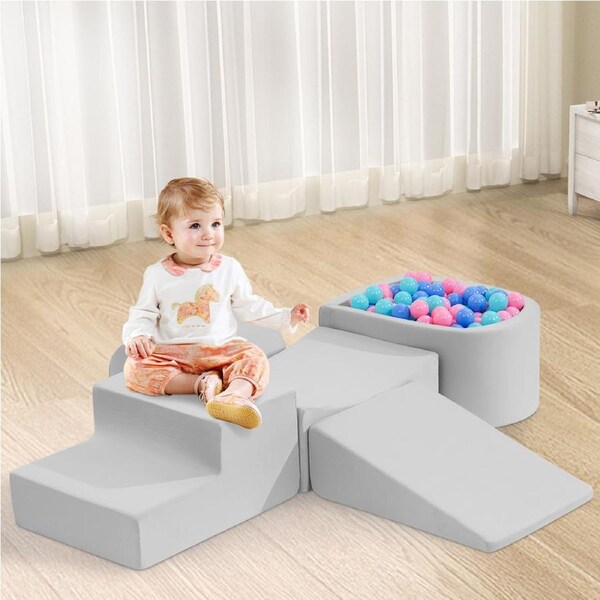 Playpals Kids Crawl Foam Climbing Blocks Soft Play Set w/ 300PCS Balls Activity Toys Grey
