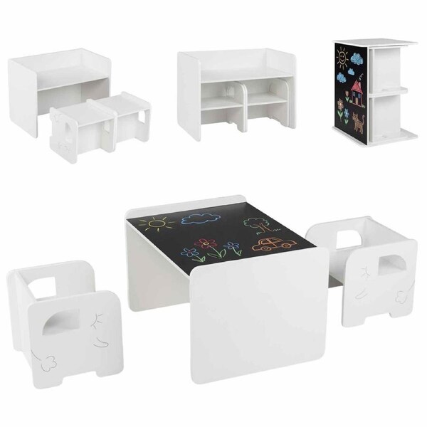 Costway 3PC Table & Chair Set Activity Desk Chalkboard Wooden Storage Shelf Bench & Side Tables Rack Study Drawing