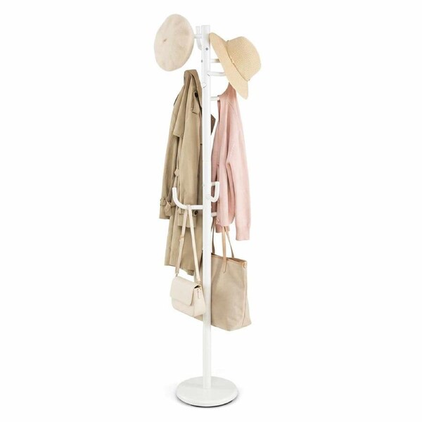 Costway Coat Rack Stand Metal Hat Clothes Tree w/8 Hooks Freestanding Coat Hanger Scarves Handbags White