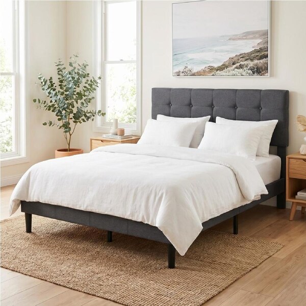 Levede Queen Bed Frame with Grey Soft Fabric Headboard