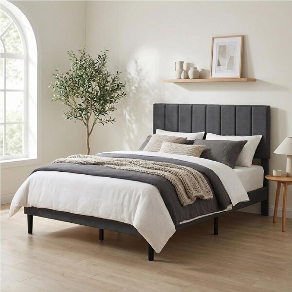 Levede Double Bed Frame with Grey Panelled Soft Fabric Headboard