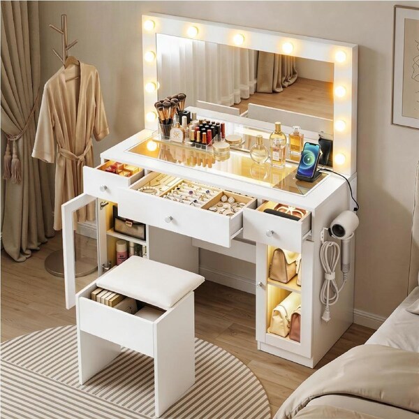 Artiss Dressing Table Charging Station LED Vanity Desk Stool Make up Mirror RGB Storage Drawer White