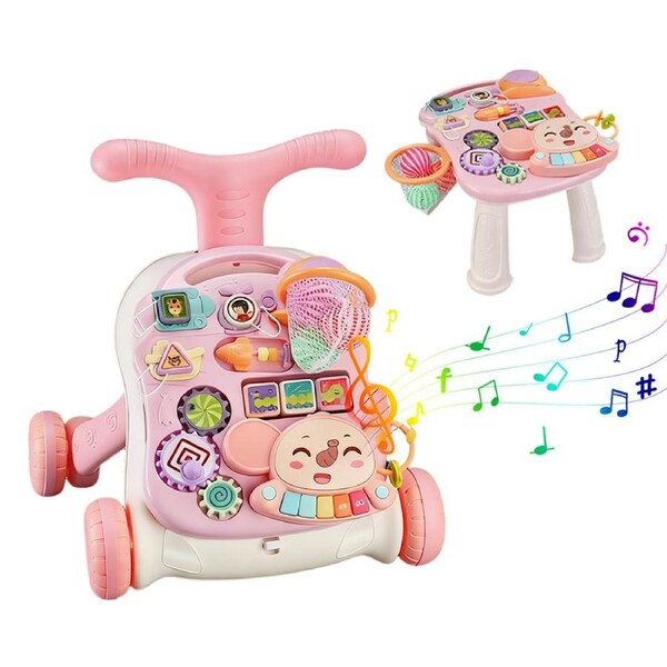 HOLALA 3 in 1 Baby Walker and Activity Center Music Learning Push Toy-Pink