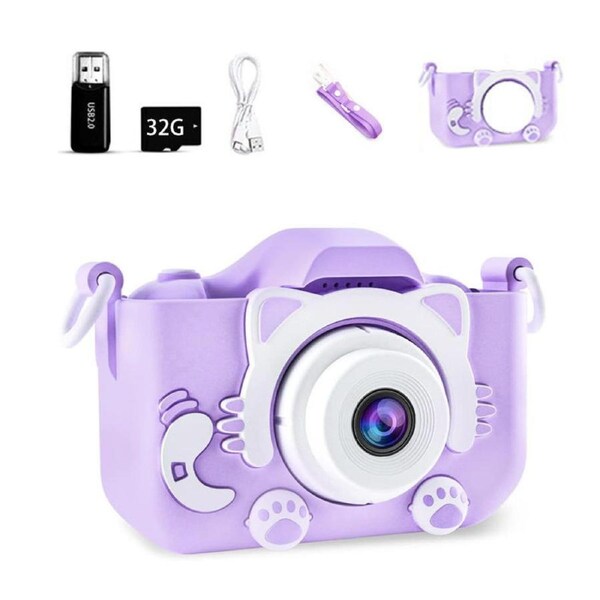 HOLALA Cat Camera for Kids HD 2 Lens with 32G TF Card & Reader Ideal Gifts-Purple