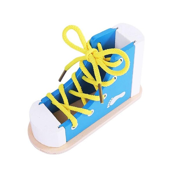 HOLALA Learn-to-Tie Shoe Toy Reusable Wooden Board for Toddler-Blue