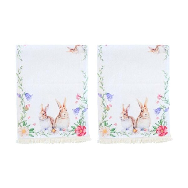 2PK LVD Floral Rabbits Rectangular Polyester Table Runner W/ Fringing 180x33cm