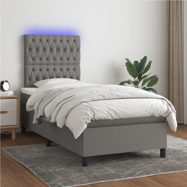 Box Spring Bed with Mattress&LED Dark Grey 106x203 cm King Single Size Fabric vidaXL