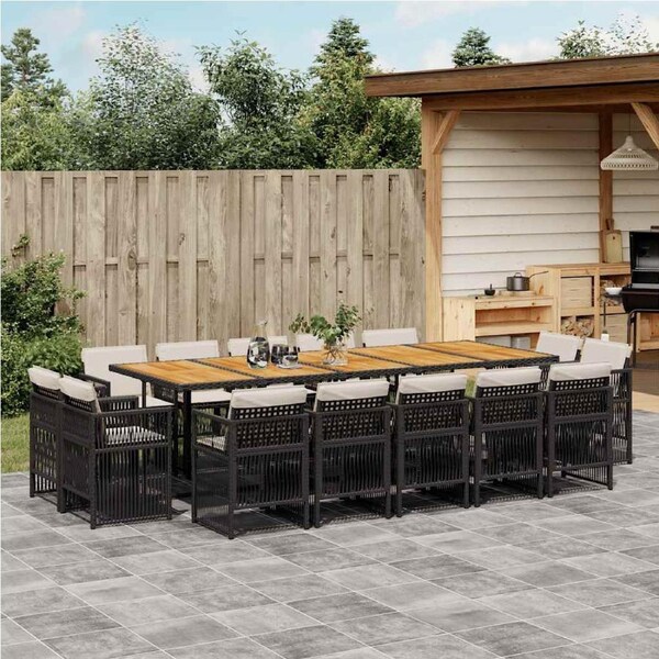 15 Piece Garden Dining Set with Cushions Black Poly Rattan vidaXL
