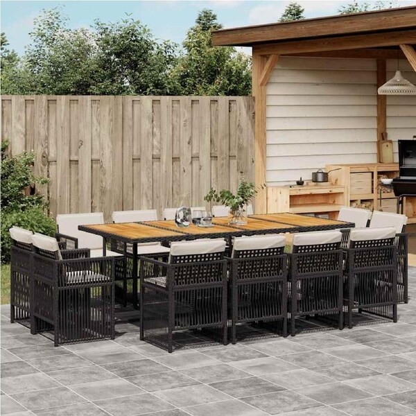13 Piece Garden Dining Set with Cushions Black Poly Rattan vidaXL