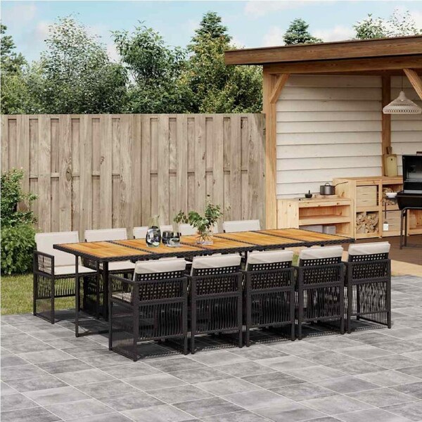 11 Piece Garden Dining Set with Cushions Black Poly Rattan vidaXL
