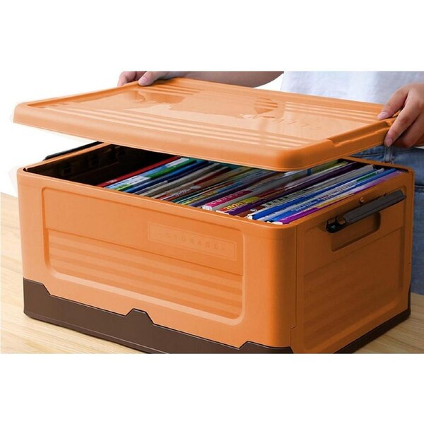 Velocity Foldable Stackable Plastic Storage Boxes Collapsible Storage Bins with Lids -Orange / Small