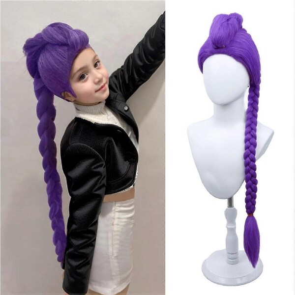 Long Purple Wig for Kids Straight Pigtails Heat Resistant Synthetic Hair with Adjustable Cap