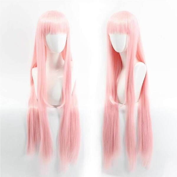 Zero Two Cosplay Wig Long Straight Pink Anime Hair with Wig Cap for Halloween Party