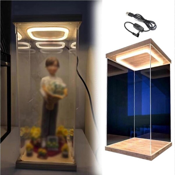 Acrylic Display Case with Solid Wood Base, Dustproof Clear Showcase for Figures, 10x10x20cm