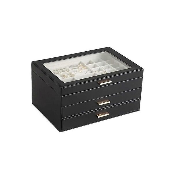 PU Leather Jewelry Organizer Box with Glass Lid, Small Display Case for Women Girls Dressing Table