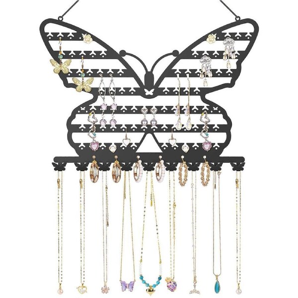 Butterfly Wall Mounted Jewelry Organizer, Decorative Metal Earring and Necklace Holder for Bedroom, Black