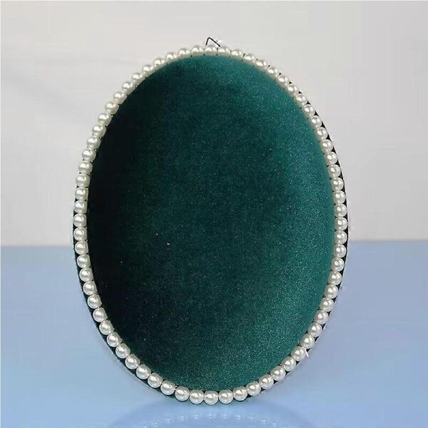Large Green Oval Velvet Jewelry Display Stand with Pearl Rim Earring Organizer Tray