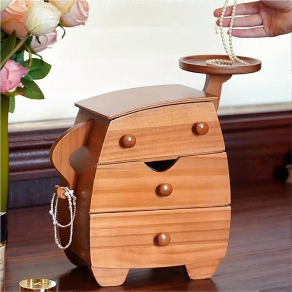 Wooden Jewelry Box with 3 Drawers, MultiLayer Organizer for Necklaces Rings Bracelets, Detachable Tray