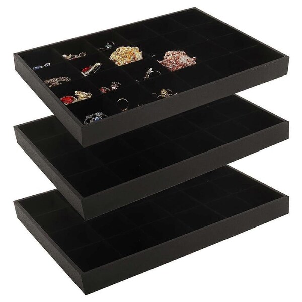 Jewelry Organizer Tray Set 3 Pack Velvet 24 Grid Stackable Earring Ring Holder Box Gray 14x10
